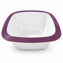 A square white bowl with a thick, rounded purple rim, shown from a top-down angle on a white background.