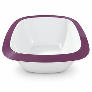 A square white bowl with a thick, rounded purple rim, shown from a top-down angle on a white background.