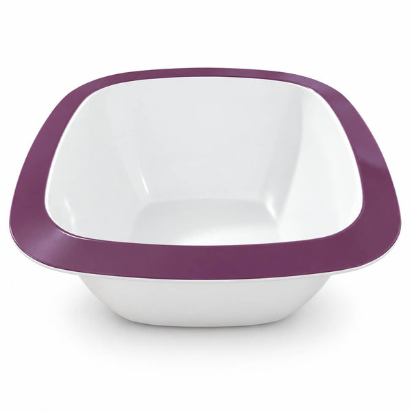A square white bowl with a thick, rounded purple rim, shown from a top-down angle on a white background.