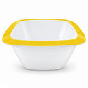A square white bowl with a bright yellow rim, shown from a front angle on a clean white background.