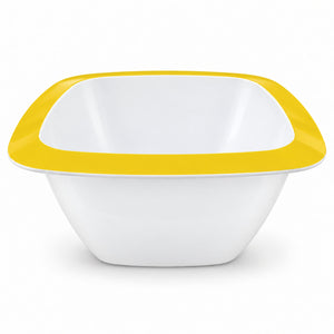 A square white bowl with a bright yellow rim, shown from a front angle on a clean white background.