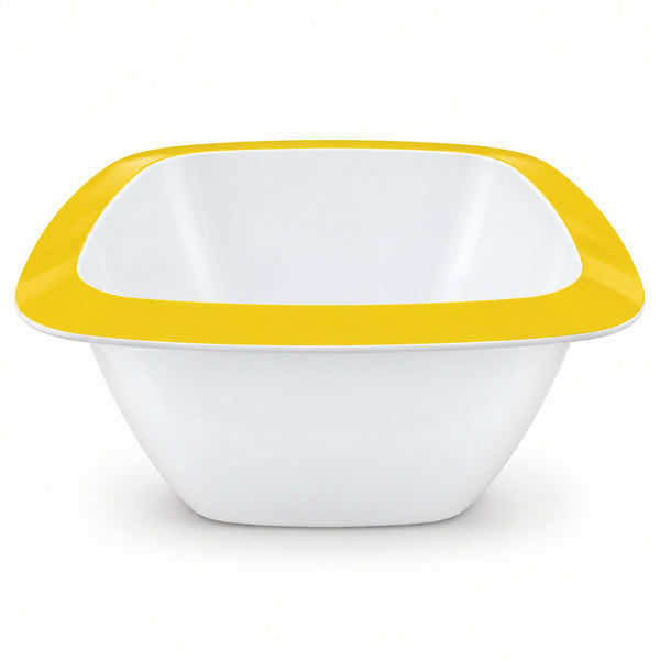 A square white bowl with a bright yellow rim, shown from a front angle on a clean white background.