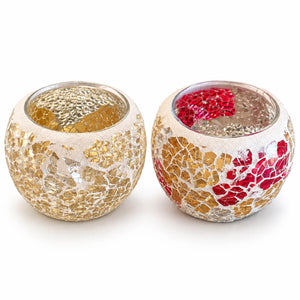 Two round mosaic candle holders with a crackle glass finish, one in gold and white, and the other in gold, white, and red, shown on a white background.