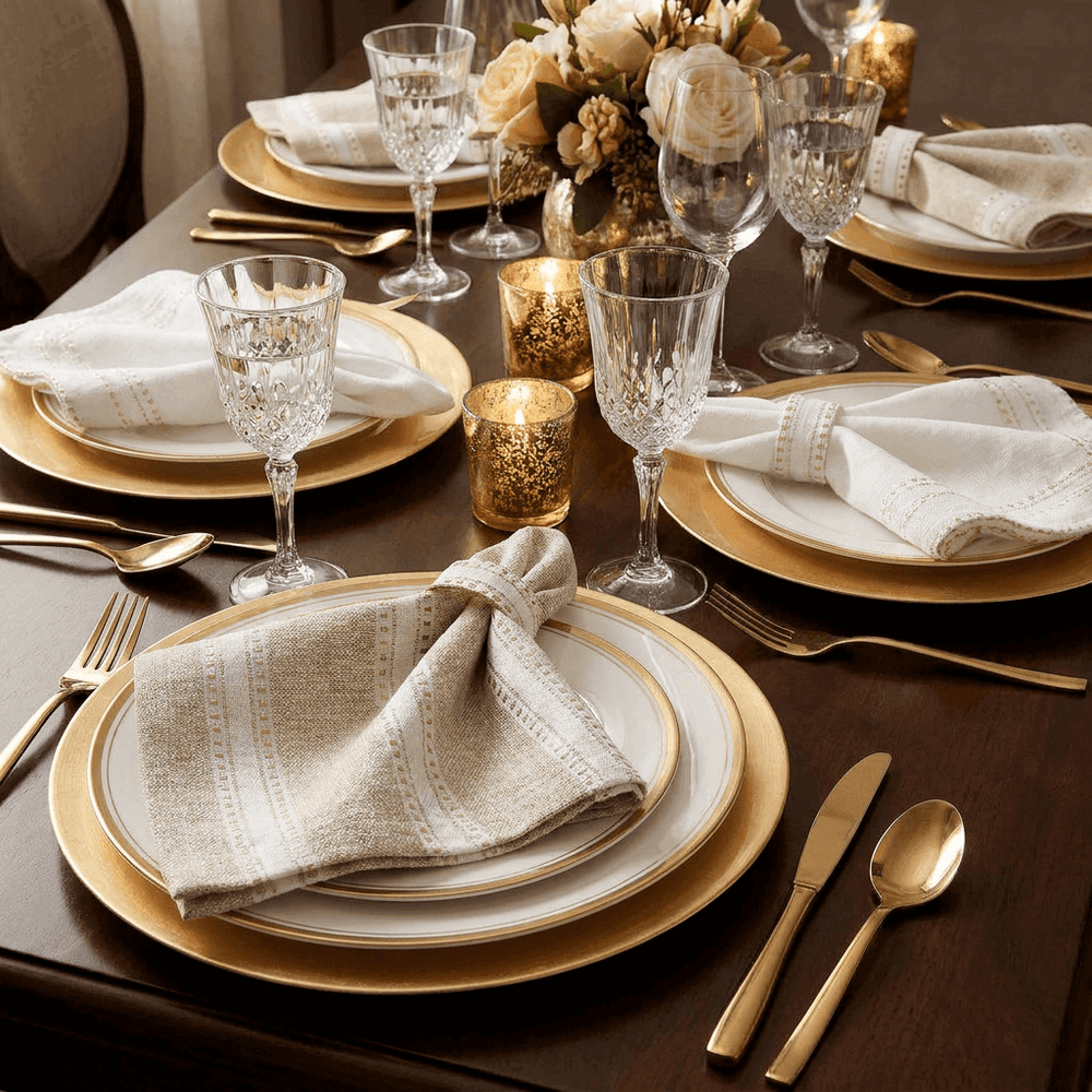 Elegant table setting with gold and white plates, glasses, and silverware on a dark surface.