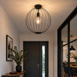 Shop the Nino Aurora black metal ceiling light featuring a modern 40 cm spherical wire shade and one E27 bulb fitting. Ideal for living rooms, bedrooms, hallways, and dining spaces.