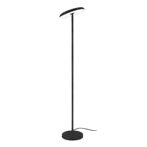A modern black floor lamp with a slim oval shade stands beside a gray fabric sofa in a bright, neutral-toned living room. The scene includes a wooden side table with books and a mug, a woven rug, a bookshelf, and a large potted plant.