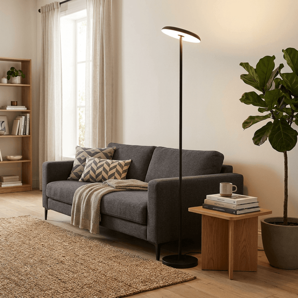 A modern black floor lamp with a slim oval shade stands beside a gray fabric sofa in a bright, neutral-toned living room. The scene includes a wooden side table with books and a mug, a woven rug, a bookshelf, and a large potted plant.