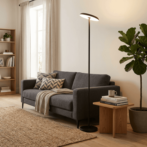 A modern black floor lamp with a slim oval shade stands beside a gray fabric sofa in a bright, neutral-toned living room. The scene includes a wooden side table with books and a mug, a woven rug, a bookshelf, and a large potted plant.