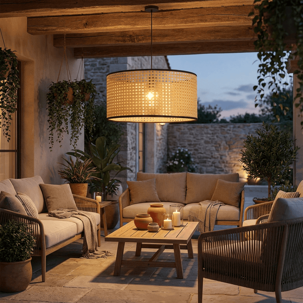 A warm, inviting outdoor patio scene at dusk featuring a large woven drum pendant light hanging over a seating area with beige sofas, a wooden coffee table, and stone flooring.