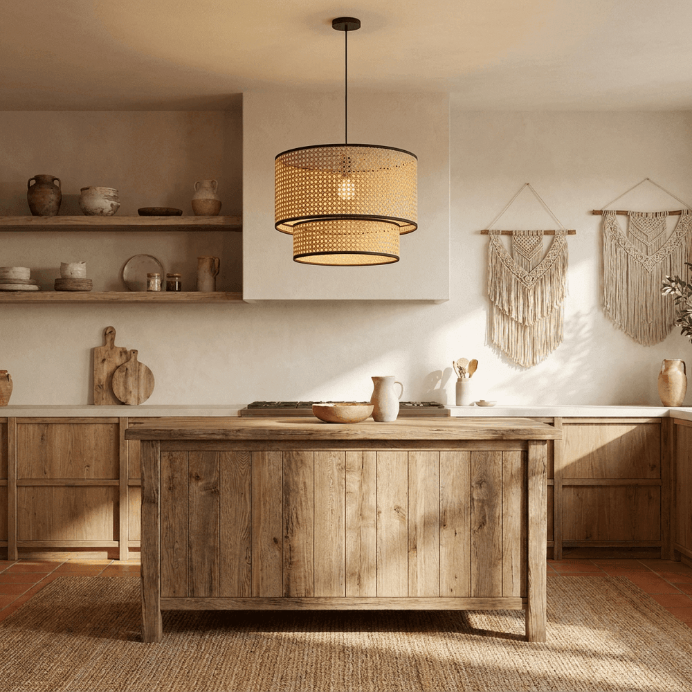 A rustic wooden kitchen island with a thick stone countertop, set in a warm, sunlit kitchen with macrame wall hangings and open shelving.
