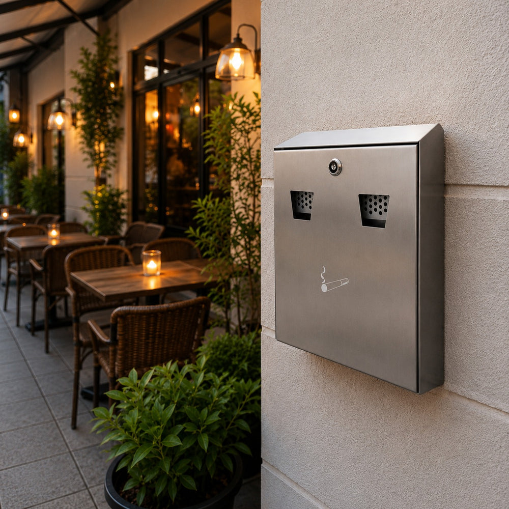 A stainless steel wall-mounted dual trash/recycling bin with a cigarette lighter icon, mounted on a beige stucco wall next to an outdoor patio with tables and plants.