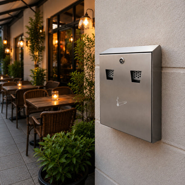 A stainless steel wall-mounted dual trash/recycling bin with a cigarette lighter icon, mounted on a beige stucco wall next to an outdoor patio with tables and plants.