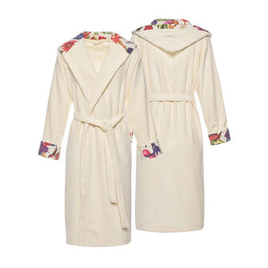Beige hooded robe with colorful trim on a white background