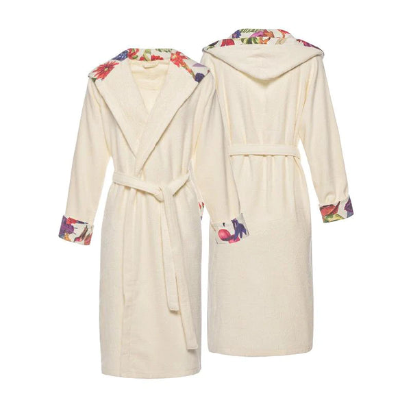 Beige hooded robe with colorful trim on a white background