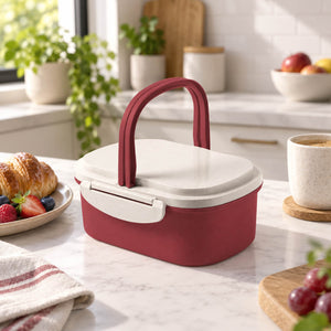 A red and white plastic lunch box with a carrying handle sits on a white marble kitchen counter, surrounded by breakfast items like a croissant, fruit, and a coffee cup.