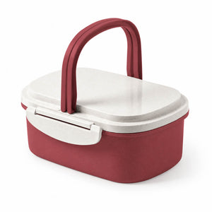 A rectangular lunch box with a dark red body, a light gray lid, and a matching dark red carrying handle, shown on a clean white background.