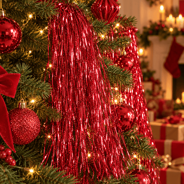 Red metallic tinsel garland and red Christmas ornaments on a decorated evergreen tree, with warm string lights and a softly blurred holiday room in the background.