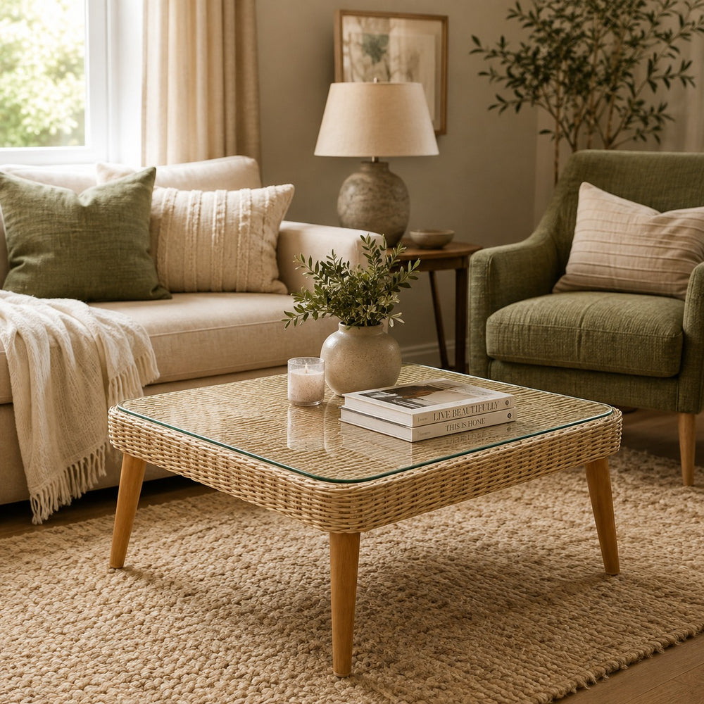 A square woven rattan coffee table with a clear glass top and light wood legs, styled in a cozy living room next to a beige sofa and an olive green armchair.
