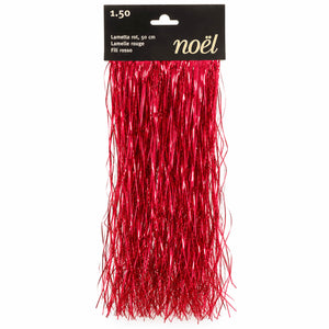 A pack of bright red metallic tinsel garland, 30 cm long, attached to a black cardboard header card with the brand name 'noël' and product code '1.50'.