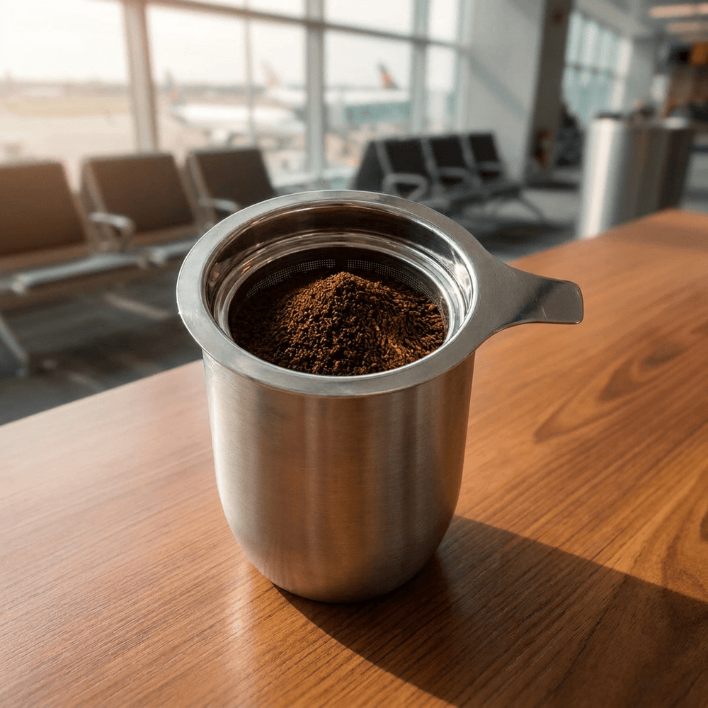 Stainless steel tumbler on a wooden desk with a laptop and notebook in an office setting