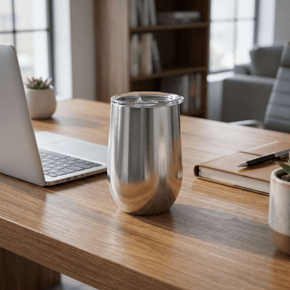 Stainless steel tumbler on a wooden desk with a laptop and notebook in an office setting