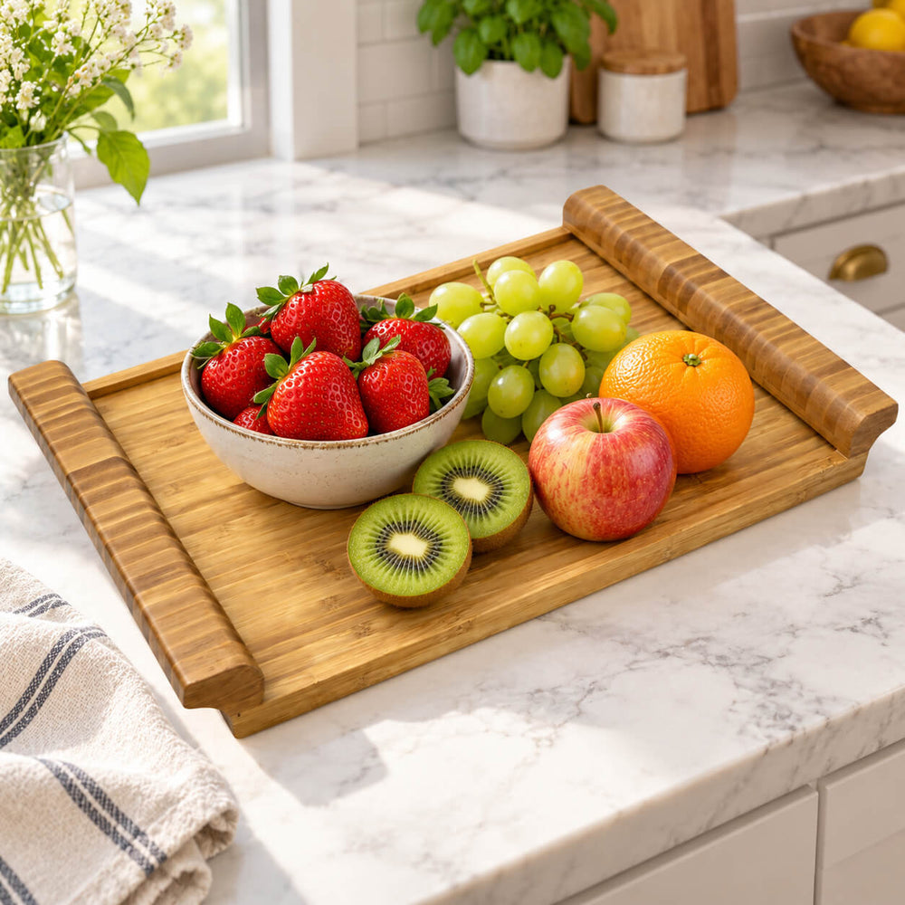 A rectangular wooden serving tray with raised edges sits on a white marble kitchen counter, styled with a croissant on a small plate, a glass of orange juice, a cup of coffee, and a bowl of fresh berries.