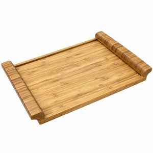 A rectangular bamboo serving tray with rounded corners and raised side rails, shown on a plain white background.