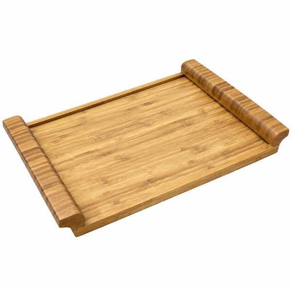 A rectangular bamboo serving tray with rounded corners and raised side rails, shown on a plain white background.
