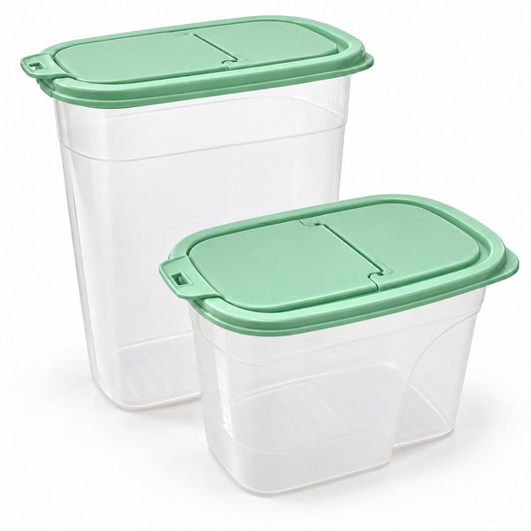 Two clear plastic storage containers with mint green lids, shown on a clean white background.