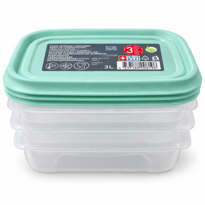 Three stacked square plastic food storage containers with translucent clear bodies and mint green lids, shown on a white background. A black product label is visible on the top lid.