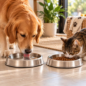 A golden retriever and a tabby cat eat from stainless steel bowls on a tiled floor in a bright indoor setting.