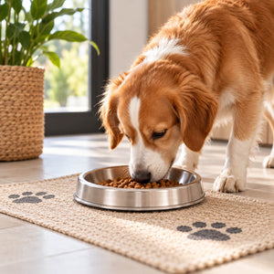 A brown and white dog eating from a stainless steel bowl placed on a beige woven mat with black paw prints, in a bright indoor setting.