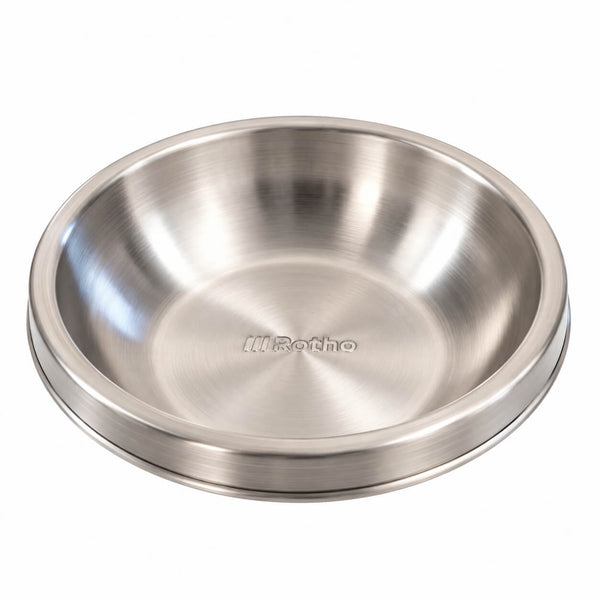 A brushed stainless steel pet bowl with a raised rim, featuring the 'III Rotho' brand name embossed in the center, shown on a solid white background.