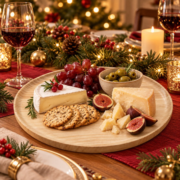 A holiday-themed charcuterie board featuring cheese wedges, crackers, grapes, olives, and figs on a round wooden serving platter, set on a decorated dining table with wine glasses, candles, and festive greenery.