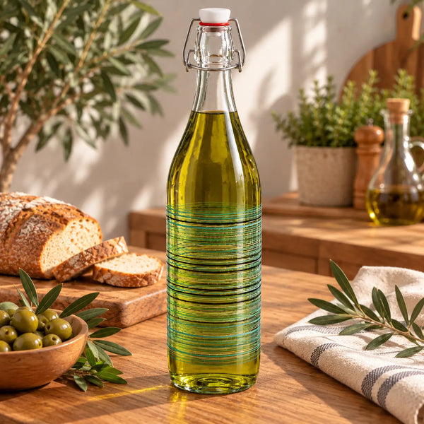 A clear glass bottle filled with olive oil stands on a wooden table in a warm kitchen setting, surrounded by bread, olives, herbs, and another bottle in the background.