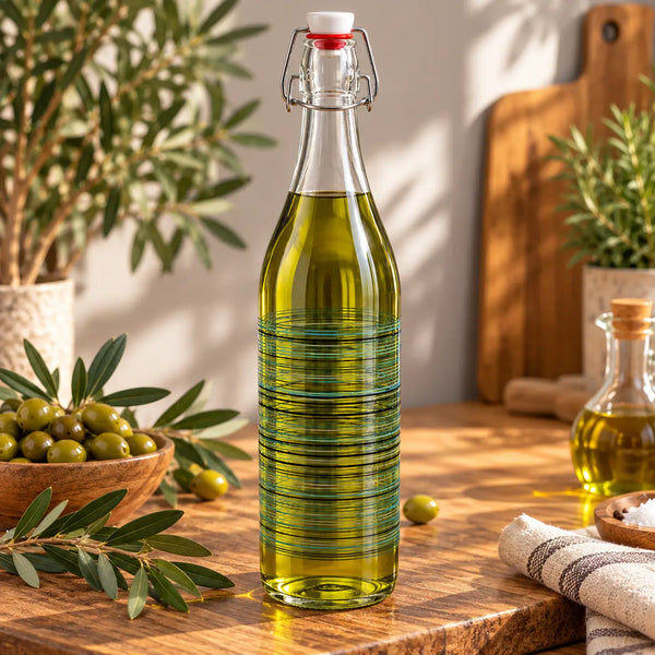 A clear glass swing-top bottle filled with olive oil stands on a wooden table, surrounded by olives, olive branches, a small secondary bottle, and kitchen decor in a warm indoor setting.