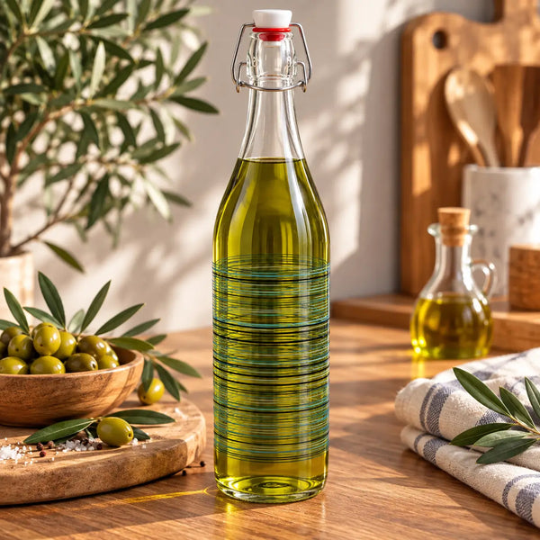 A clear glass bottle filled with olive oil stands on a wooden table in a warm kitchen setting, with olives, a cutting board, and kitchen utensils visible around it.