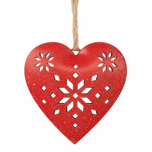 Noël Metal Red Heart Hanging Ornament - Snowflake Cut-Out Design