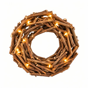 Rustic 30 cm LED twig Christmas wreath displayed in a cozy festive Christmas interior.