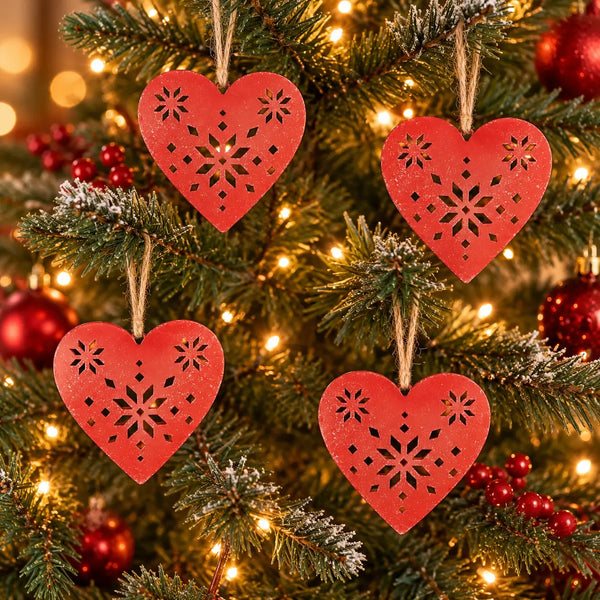 Noël Metal Red Heart Hanging Ornament - Snowflake Cut-Out Design