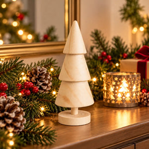 A small wooden Christmas tree ornament with a tiered cone design stands on a wooden surface surrounded by holiday decorations, including pine branches, red berries, pinecones, and a glowing star-patterned candle holder.