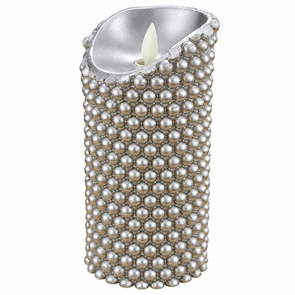 A silver faux-pearl beaded pillar candle holder with a white flameless LED candle inside, shown on a solid white background.