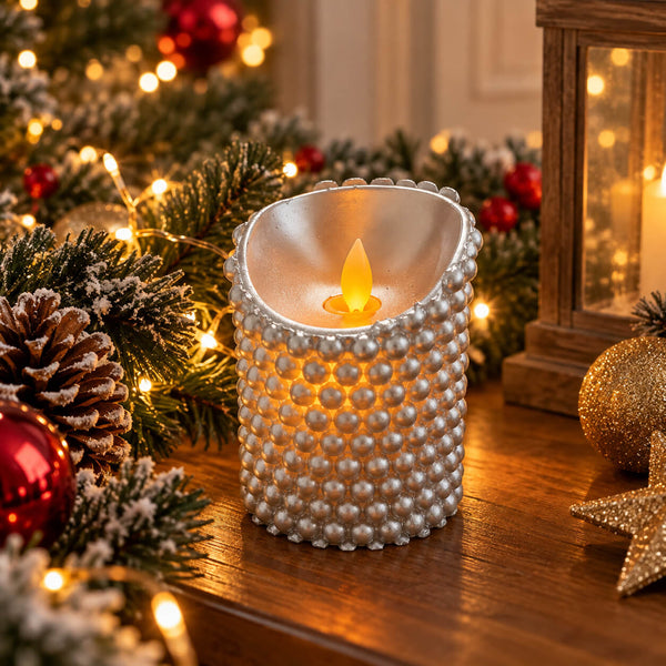 Silver Beaded Real Wax LED Candle with Timer