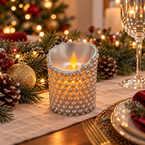 Silver Beaded Real Wax LED Candle with Timer