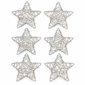 Six silver wire star decorations arranged in two columns of three on a plain white background.
