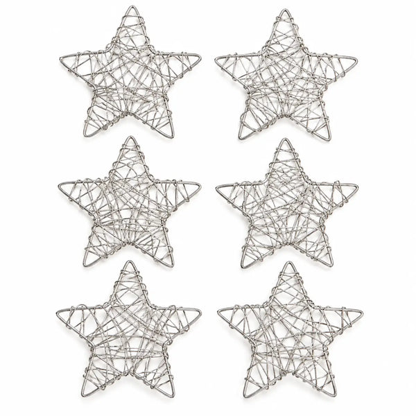 Six silver wire star decorations arranged in two columns of three on a plain white background.