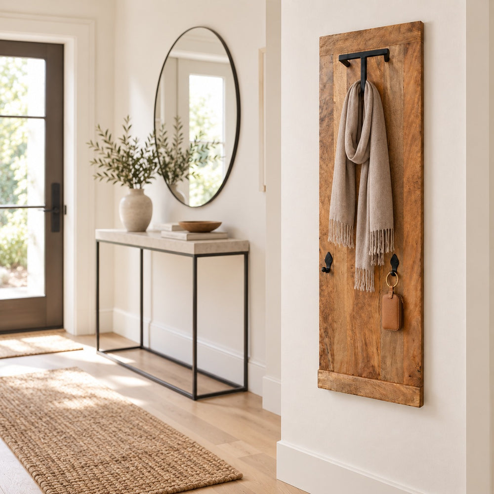 A rustic wooden entryway hook rack mounted on a white wall, holding a beige scarf and keys, shown in a bright, modern hallway with a console table and mirror.