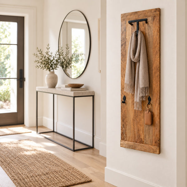 A rustic wooden entryway hook rack mounted on a white wall, holding a beige scarf and keys, shown in a bright, modern hallway with a console table and mirror.