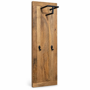 A tall rectangular wooden pegboard with a warm medium-brown wood grain finish and black metal hooks and a black wall-mount bracket, shown on a plain white background.