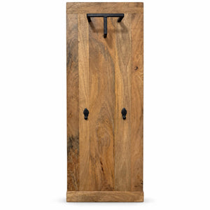 A rustic wooden pegboard with a warm medium-brown wood grain finish and black metal hooks, shown against a plain white background.